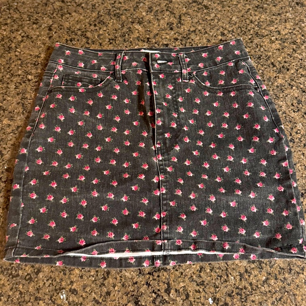 Floral Denim Skirt - Pink and Black